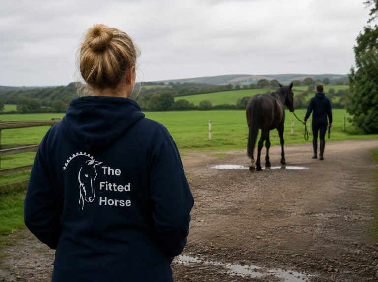 Emma Harris conducting an expert equestrian equipment fitting consultation at a client's yard in Northamptonshire
