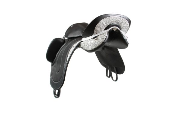 Black equestrian saddle with silver detailing and stirrups.